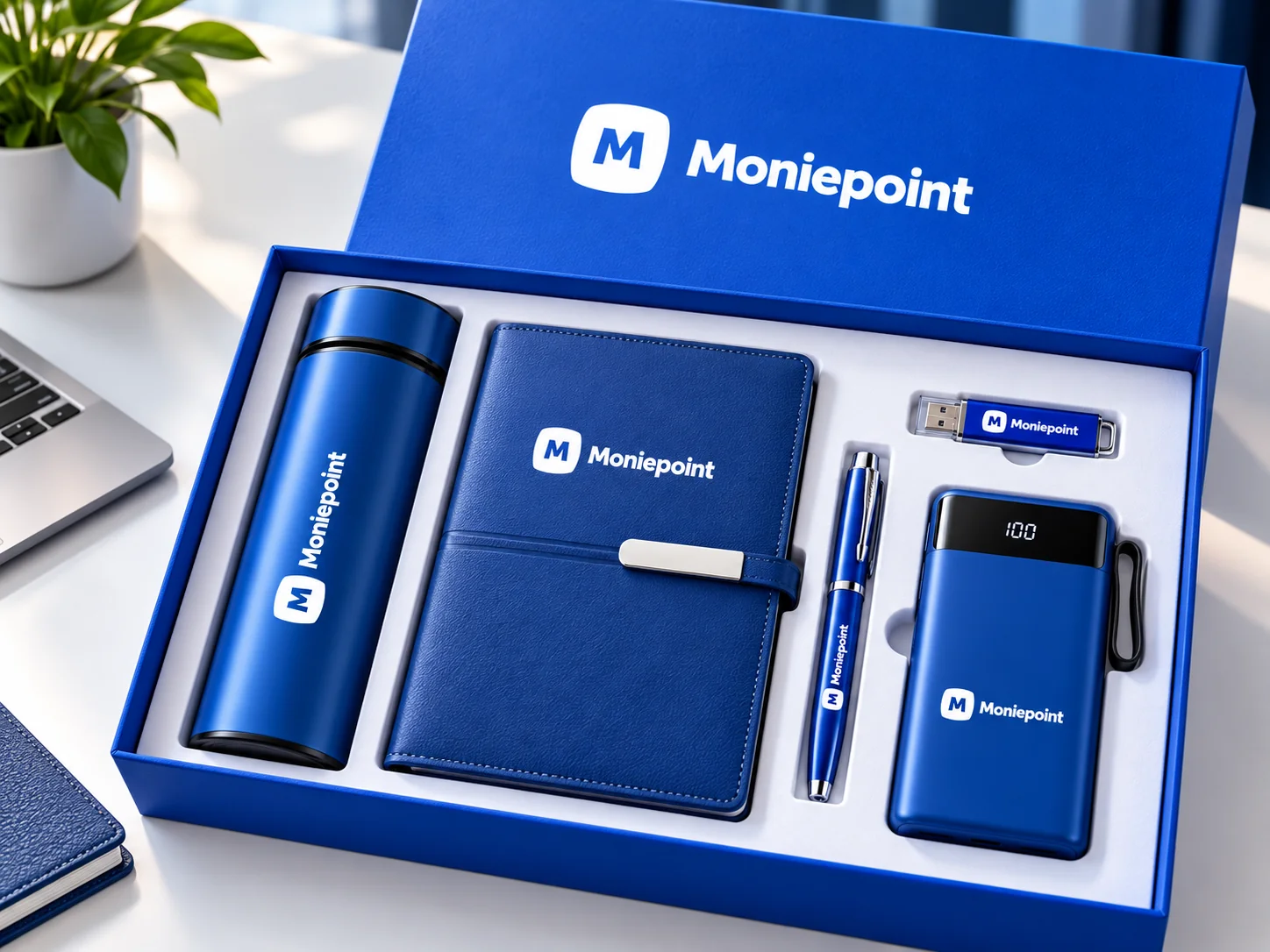 Premium corporate gift box with branded packaging presented on a refined desk